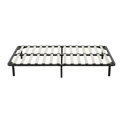 Metal bed frame with slats on a white background