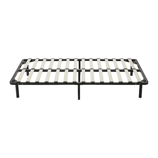 Metal bed frame with slats on a white background