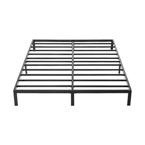 A black metal king-sized bed frame with a simple, robust design.