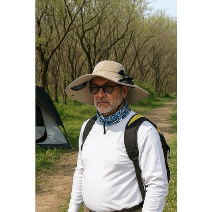 Solar & USB Powered Cooling Hat with Dual Fan – Khaki Outdoor Sun Hat