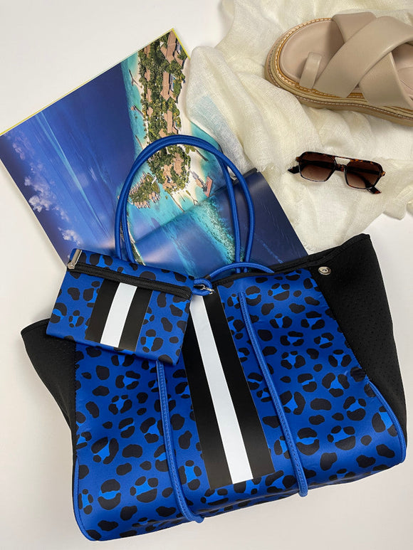 Cheeky X Neoprene Handbag Vegan Tote 2 Piece Set Stripe Blue Leopard