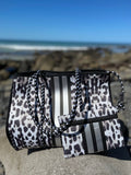 Cheeky X Neoprene Handbag Vegan Tote 2 Piece Set Stripe Black & White Leopard