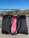 Cheeky X Neoprene Handbag Vegan Tote 2 Piece Set Stripe Black & Pink