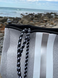 Cheeky X Neoprene Handbag Vegan Tote 2 Piece Set Stripe Grey & Silver