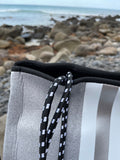 Cheeky X Neoprene Handbag Vegan Tote 2 Piece Set Stripe Grey & Silver