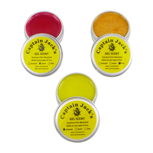 Four containers of Captain Jack's Gel Scent with different colored gels on a white background