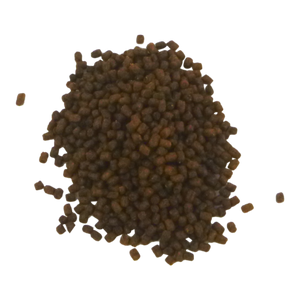 Brown pellets on a white background