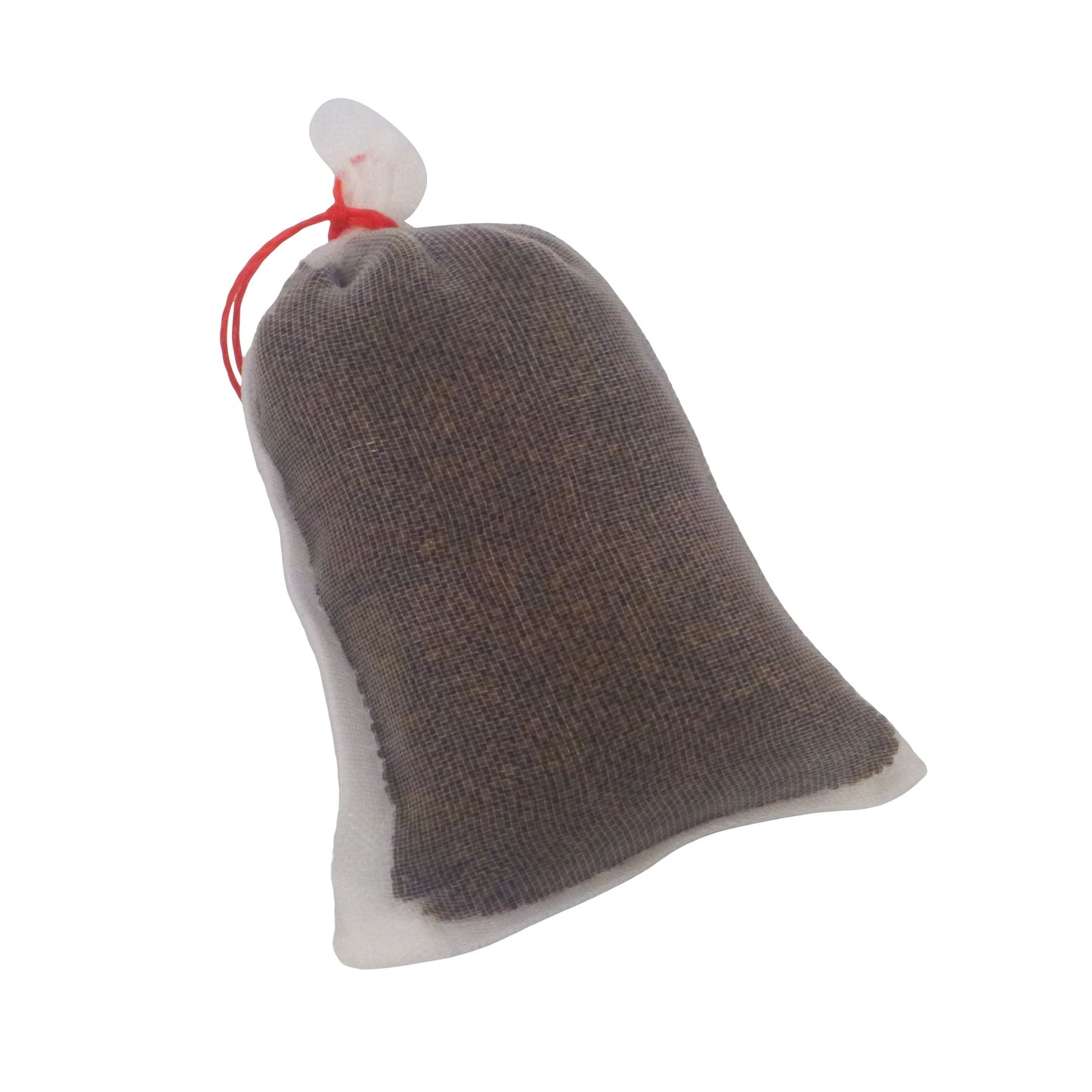 Gray and white dog toy with a red string on a white background