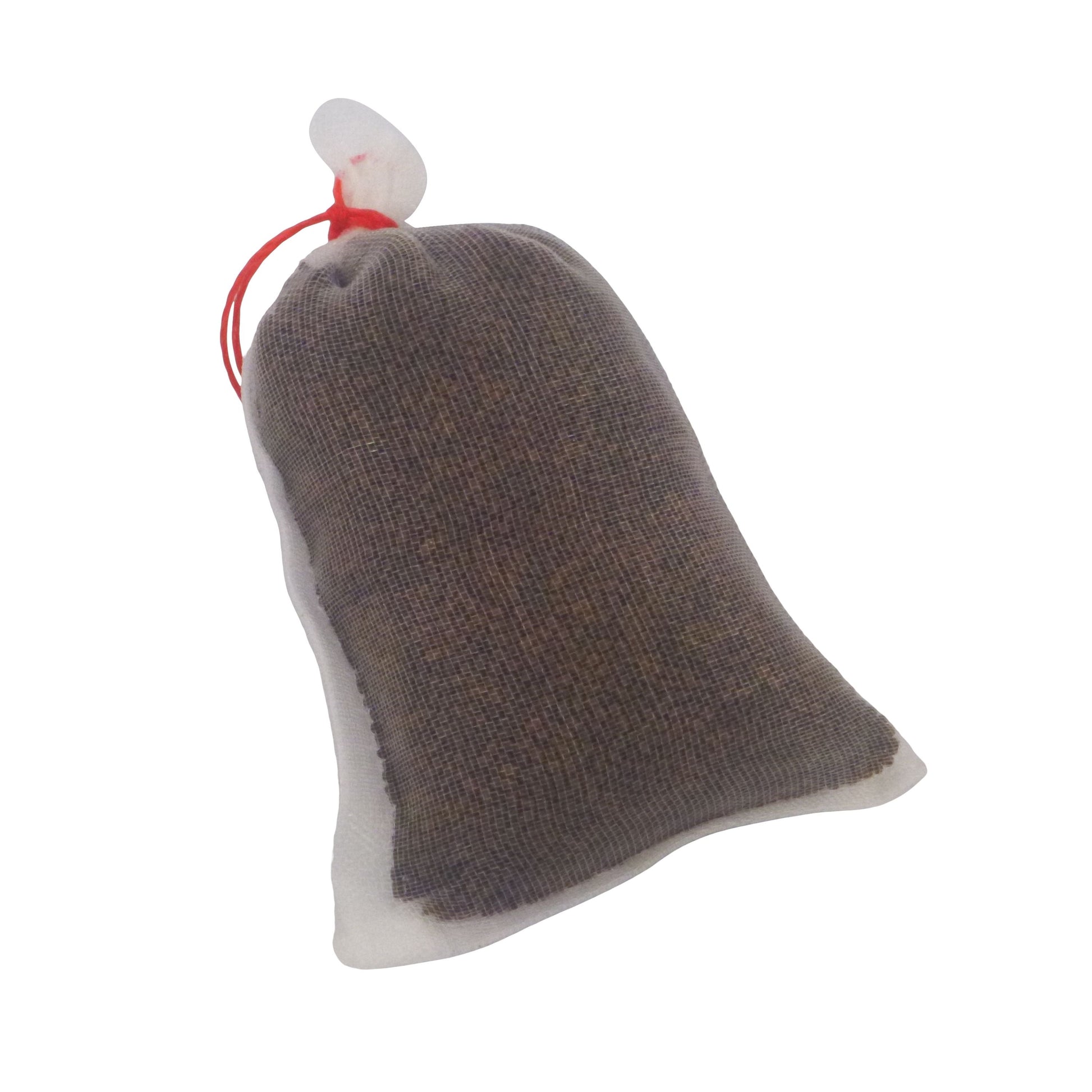 Gray and white dog toy with a red string on a white background