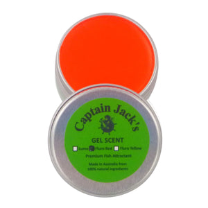 Captain Jack's gel scent container with orange gel and green label on a white background