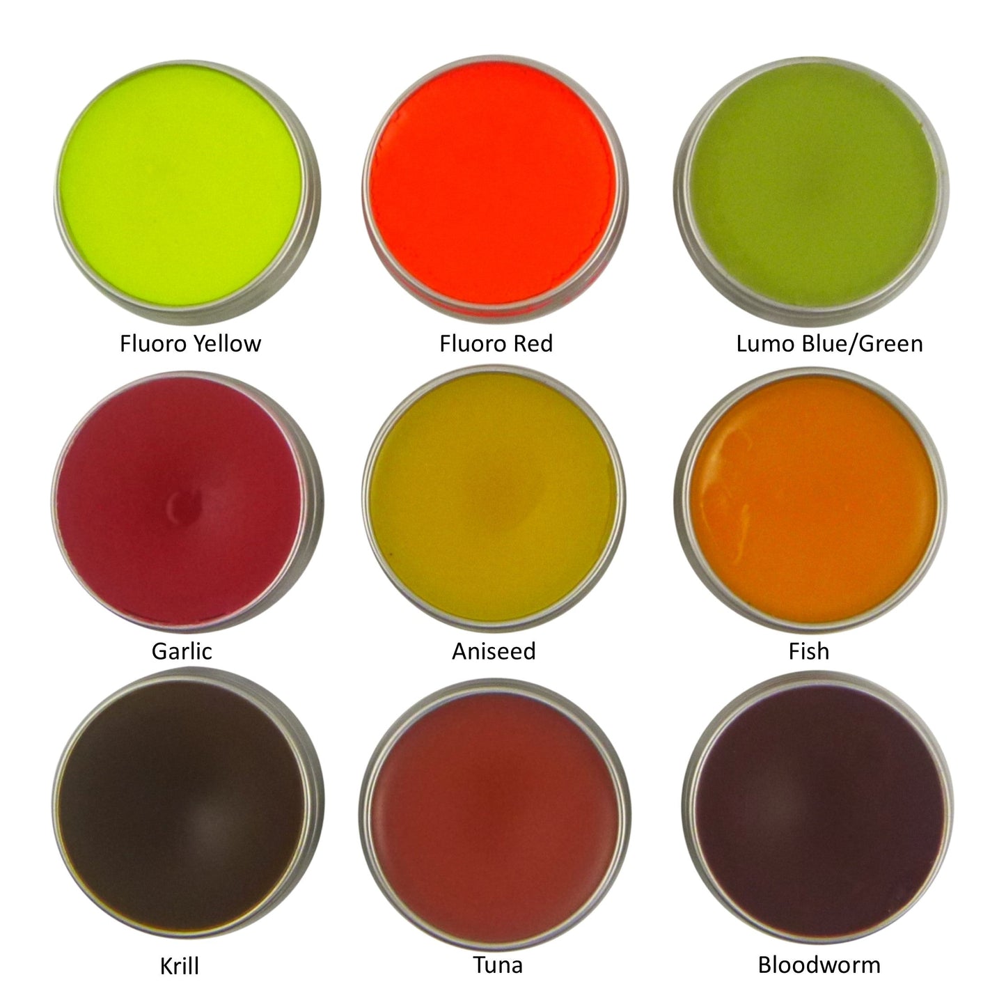 Collection of different colored substances in round containers labeled with their names.