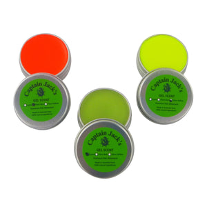 Five containers of Captain Jack's Gel Scent with different colored lids on a white background