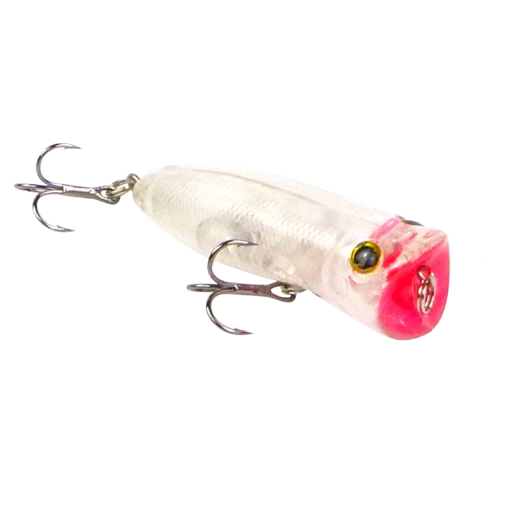 Fishing Popper lure with a white body and pinkish-red head on a white background