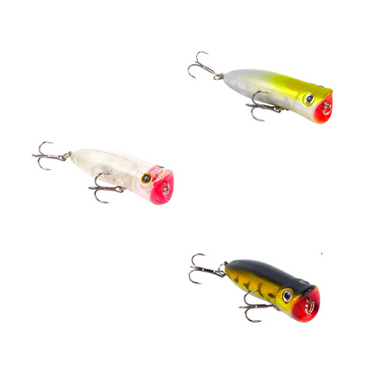 Three Fishing Popper lures on a white background
