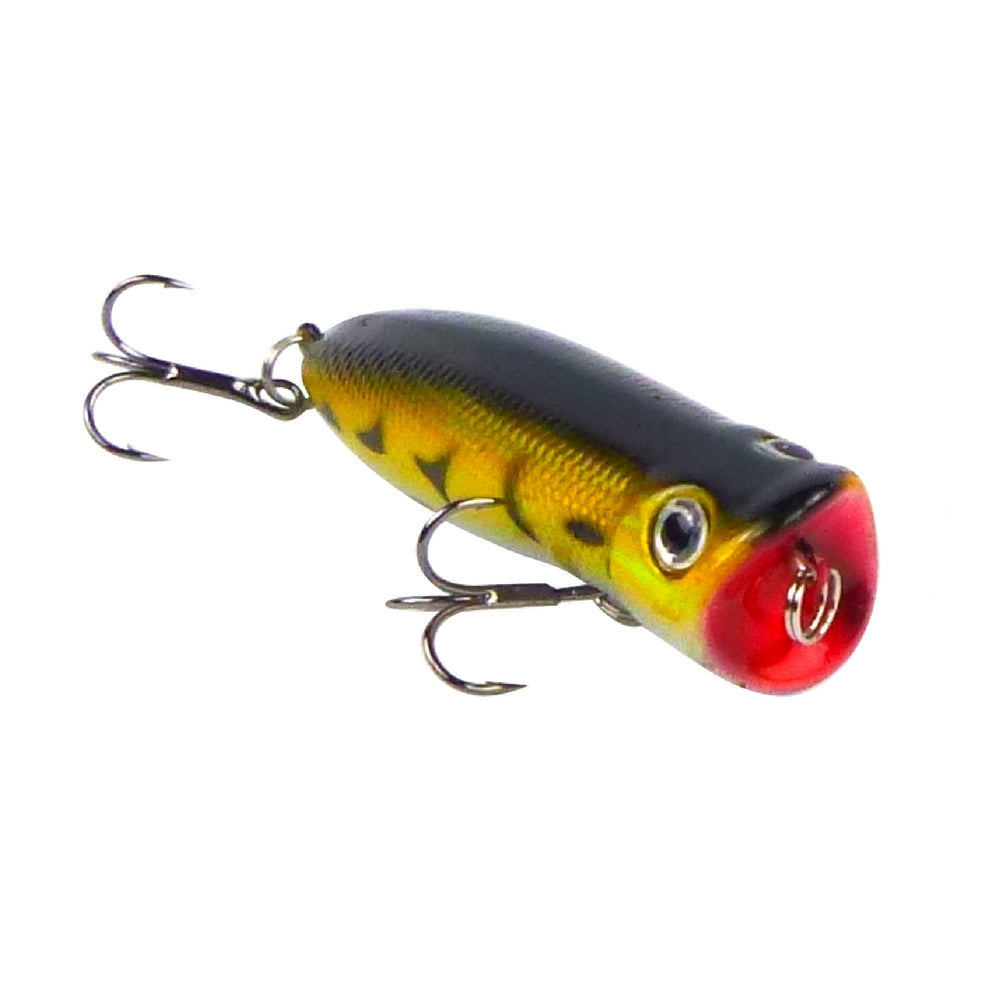 Fishing Popper lure with black, yellow, and red colors on a white background