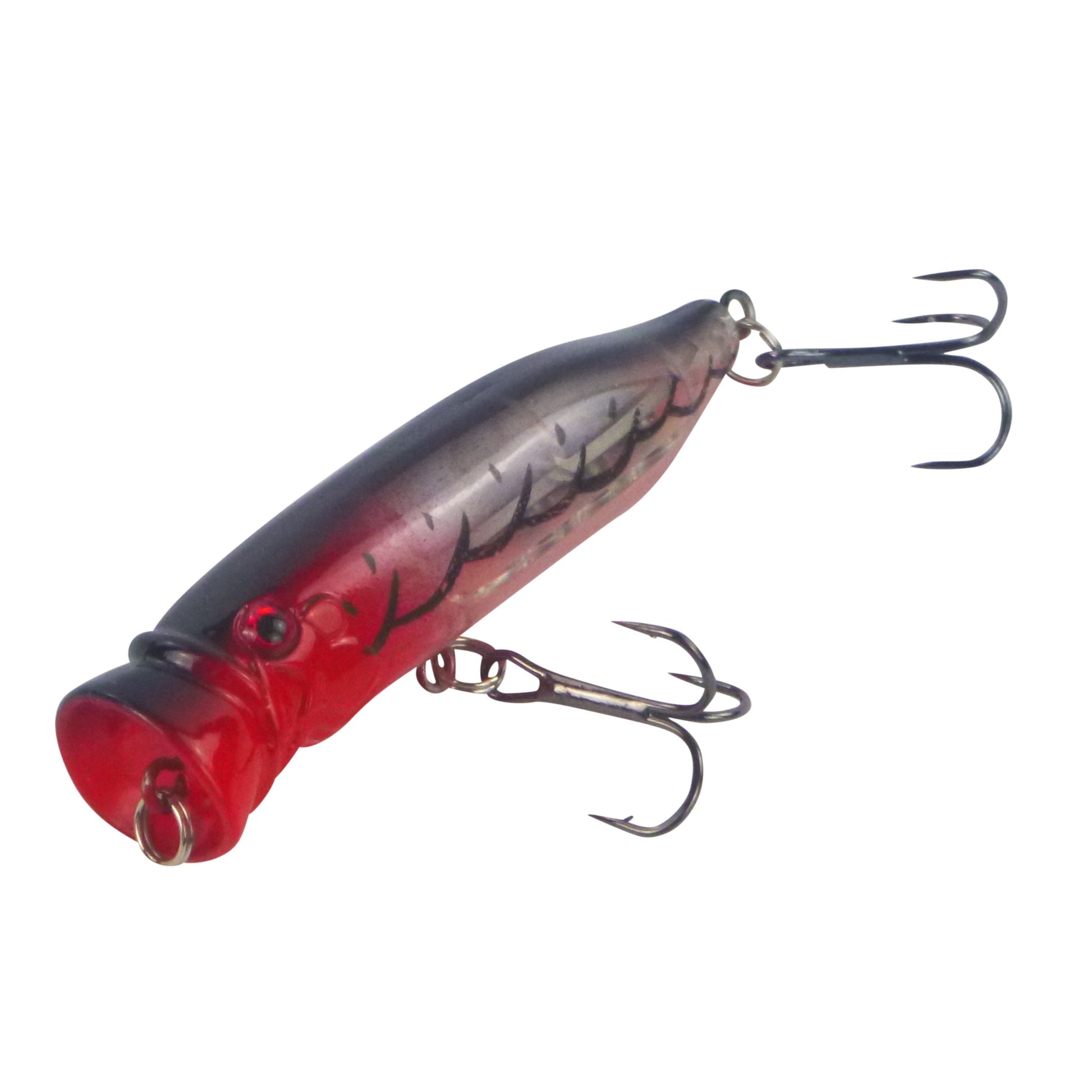 Fishing Popper lure with red and black body on a white background