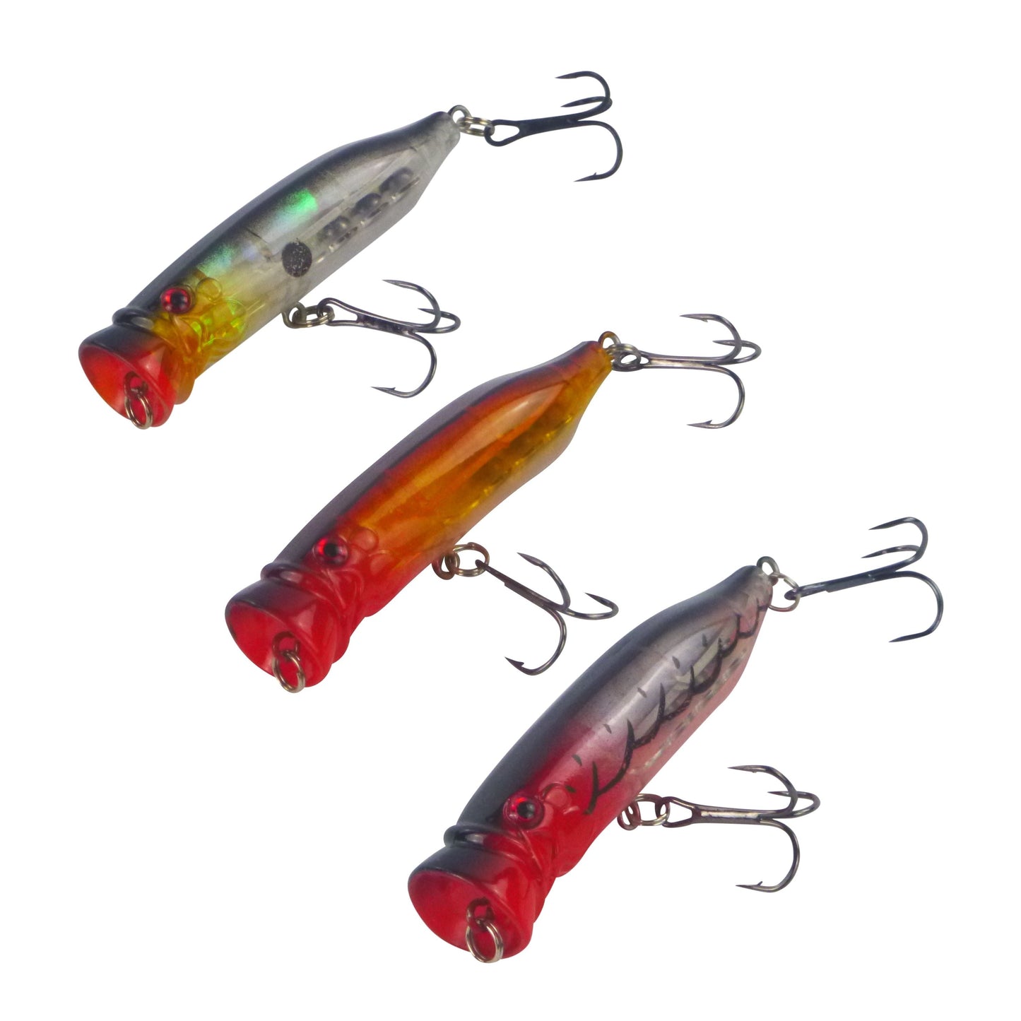 Three Fishing Popper  lures with different colors and designs on a white background