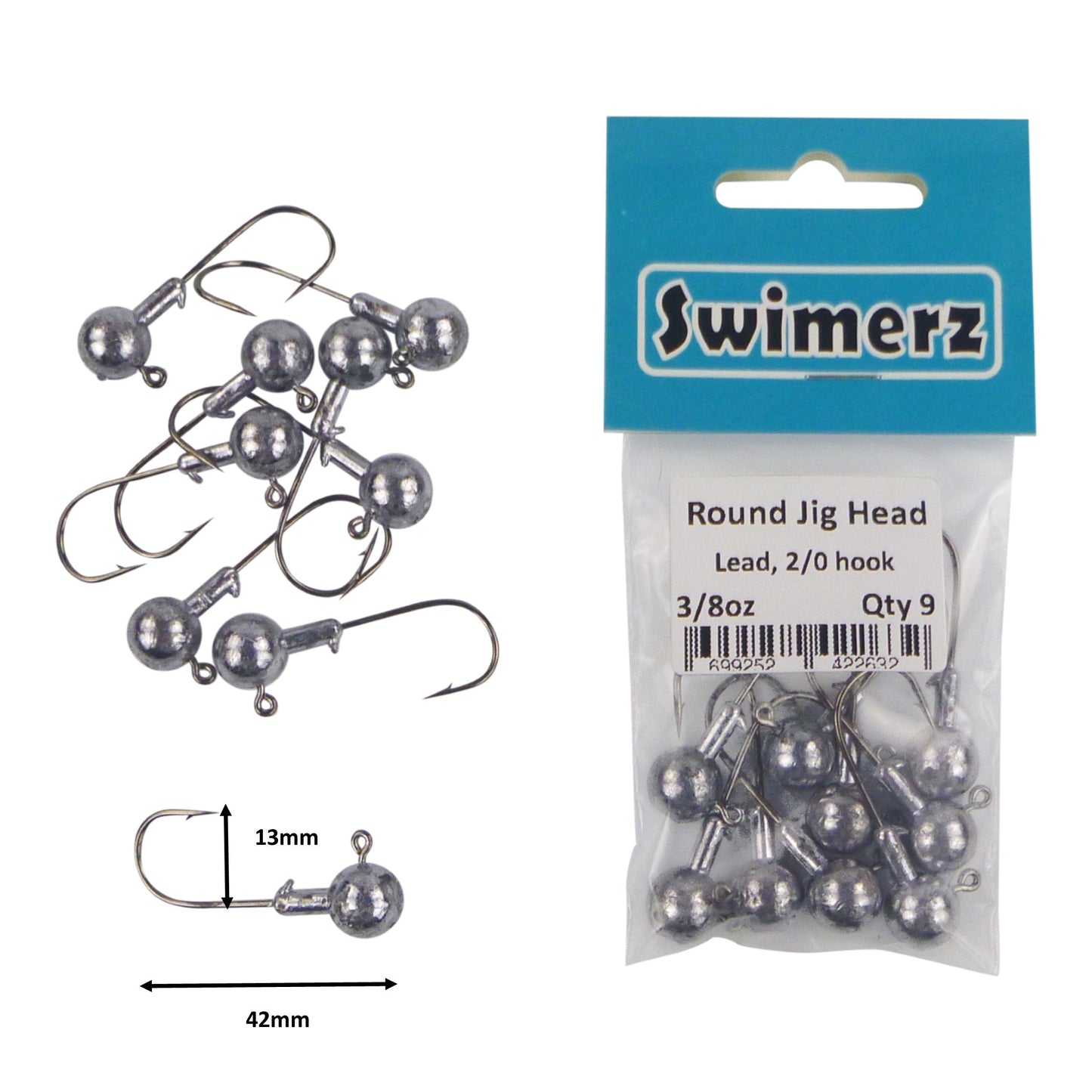 Swimerz Round Jig Head, 3/8 oz 2/0 Hook, 9 pack