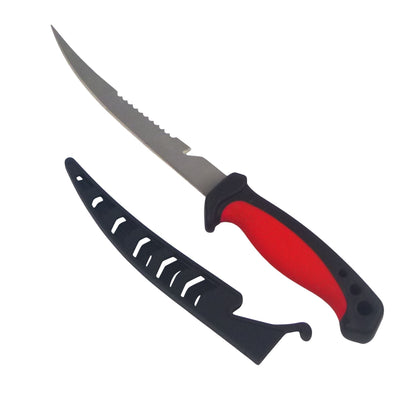Fish Filleting Knife with red handle and black sheath on a white background