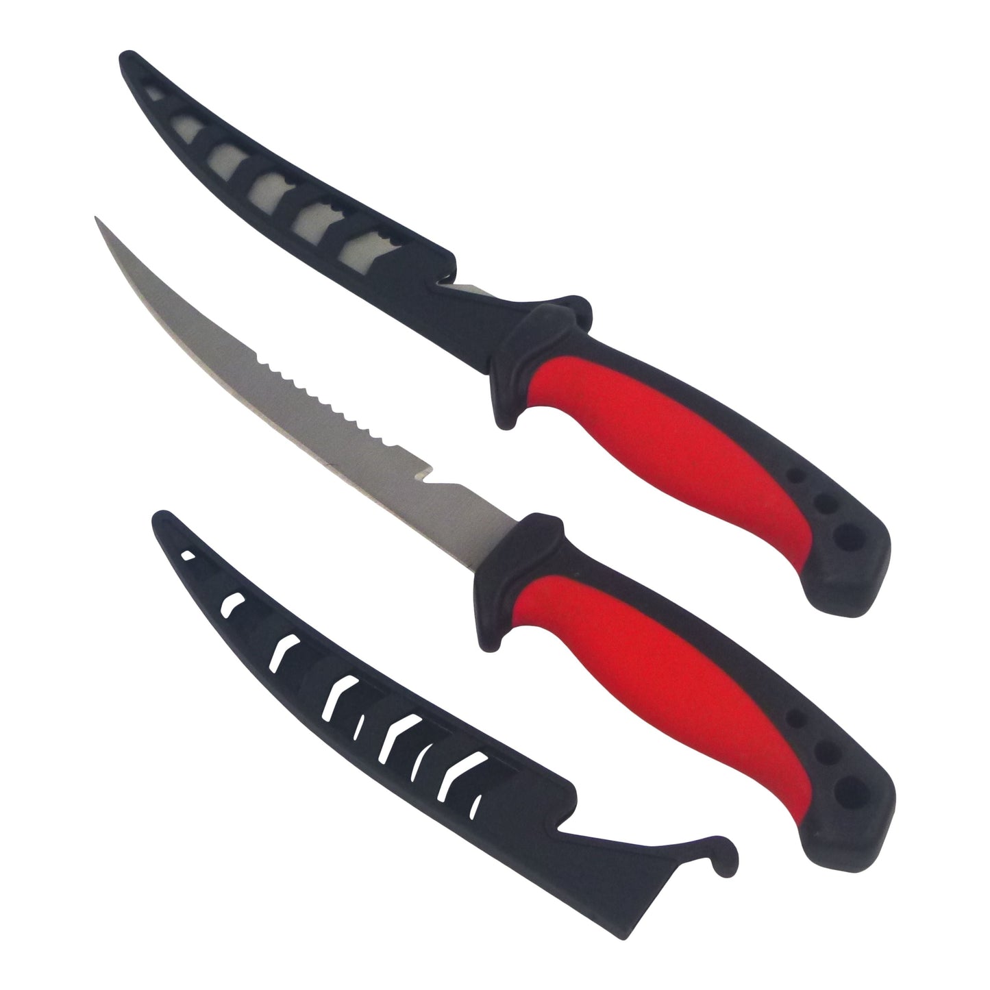 Two Fish Filleting Knife with black and red handles on a white background