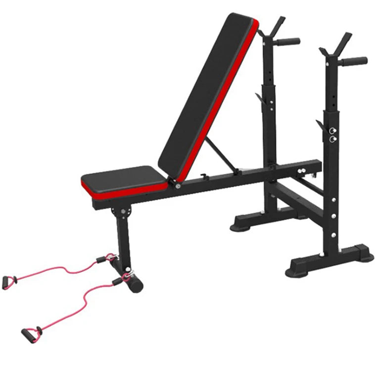 A flat weight bench designed for strength training, made of metal steel with a red and black color scheme. It appears to be foldable and has equipment for dumbbell or small barbell exercises.