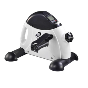 A compact NNEOBA Mini Exercise Bike with black and white color scheme, featuring non-slip pedals and a multi-function LED display.