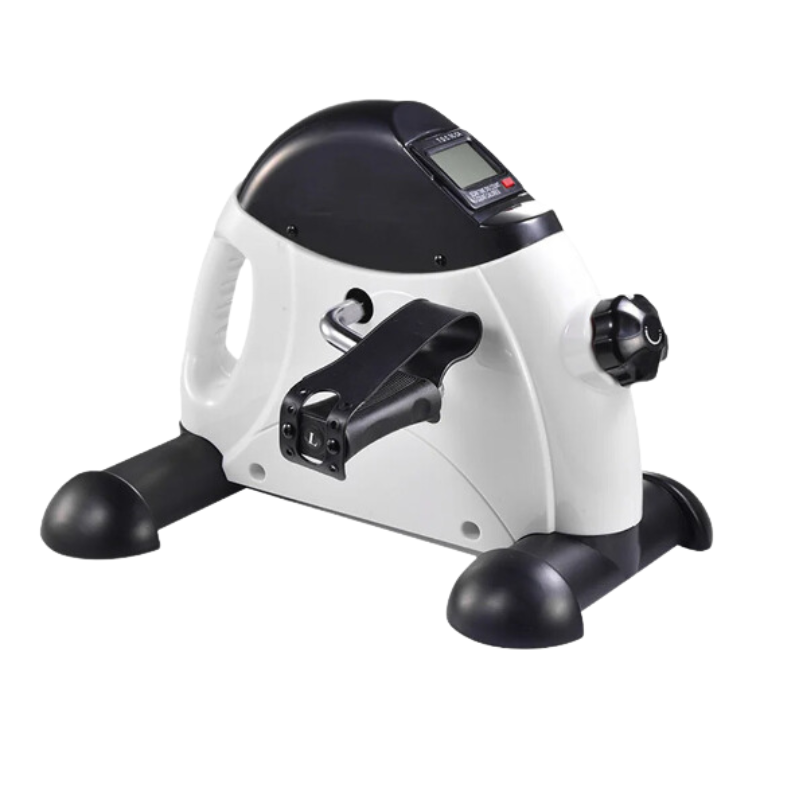 A compact NNEOBA Mini Exercise Bike with black and white color scheme, featuring non-slip pedals and a multi-function LED display.
