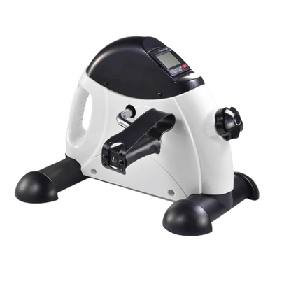 A compact NNEOBA Mini Exercise Bike with black and white color scheme, featuring non-slip pedals and a multi-function LED display.