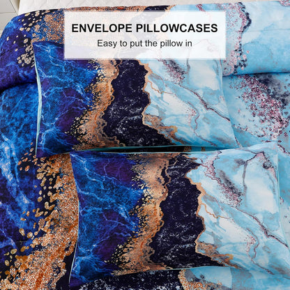 Blue Marble Comforter Set, King Size, Retro Watercolor 3-Piece Bedding Collection