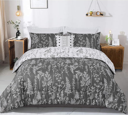 Floral Comforter Set, King Size, Black White Floral Pattern Reversible Bedding