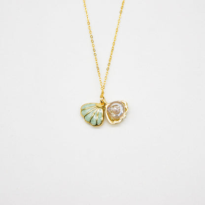 Gift Box - Aroma Necklace 925 Silver, Gold coated - Green Shell Dreamy Lavender (Light Purple) + Purify Oil Blend