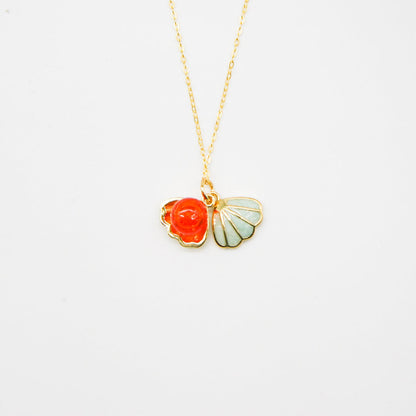 Gift Box - Aroma Necklace 925 Silver, Gold coated - Green Shell Sunset Coral (Bright Red Orange) + Purify Oil Blend