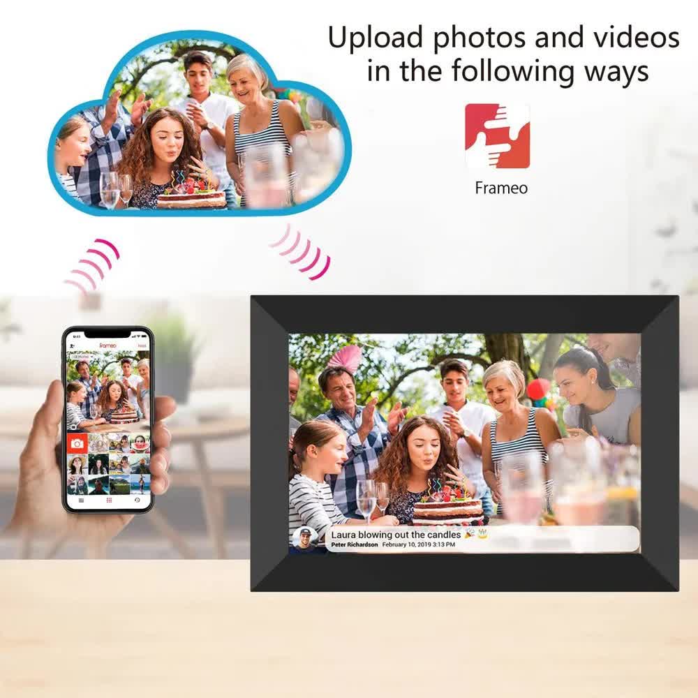 WiFi Digital Photo Frame 10.1-Inch Wooden Frame - 16GB Storage, IPS Touchscreen, App Remote Sharing