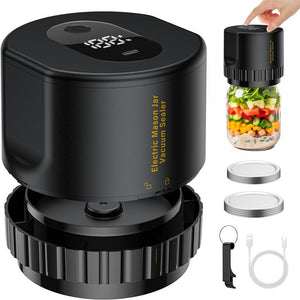 A black portable vacuum sealer for Mason jars, showing the device itself and a mason jar with a clear lid being sealed by the device.