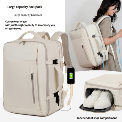 Beige Expandable Backpack with USB Port - Multi-Functional Outdoor, Commuter & Laptop Bag