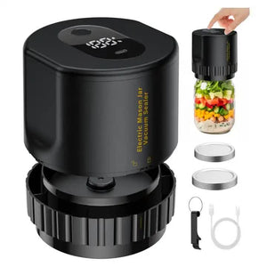 Black electric mason jar vacuum sealer with accessories on a white background