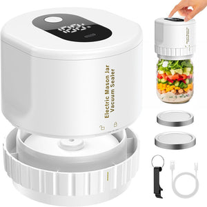 Electric Mason Jar Vacuum Sealer with a jar of vegetables and accessories on a white background