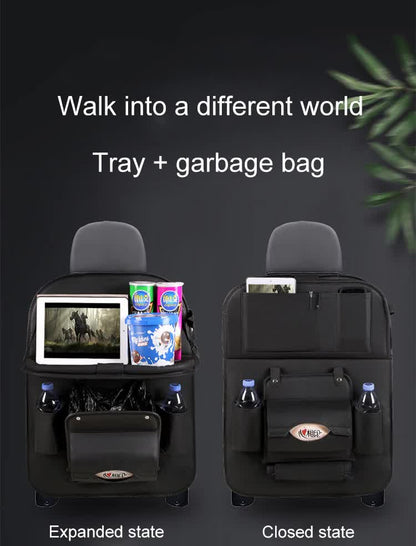 Chocolate Leather Car Backseat Organizer with Foldable Tray Table & Trash Bag