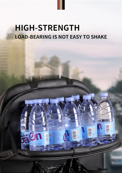 Chocolate Leather Car Backseat Organizer with Foldable Tray Table & Trash Bag