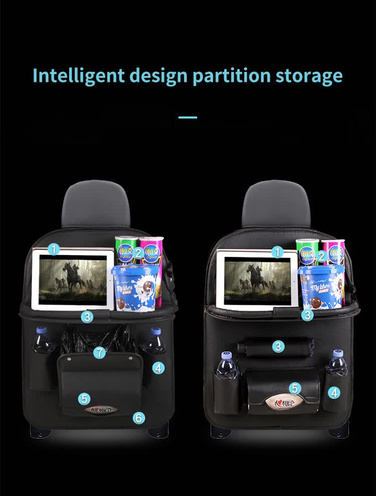 Chocolate Leather Car Backseat Organizer with Foldable Tray Table & Trash Bag