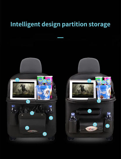 Chocolate Leather Car Backseat Organizer with Foldable Tray Table & Trash Bag