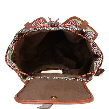 Diamond Pattern Bohemian Style Canvas Backpack - Vintage Tribal Pattern Travel Bag with Leather Straps