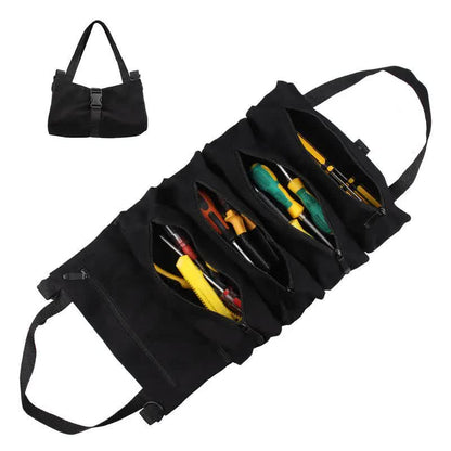 Black tool roll with various tools including screwdrivers and pliers on a white background