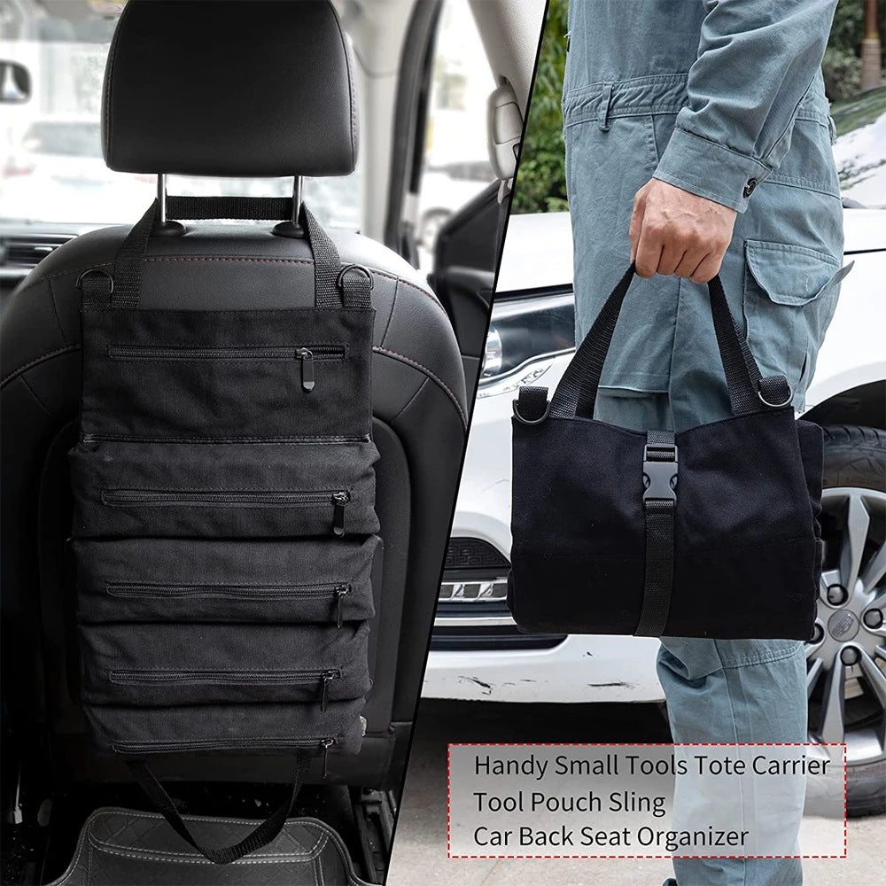 Black tool pouch with multiple pockets attached to a car seat, held by a person outside a vehicle.
