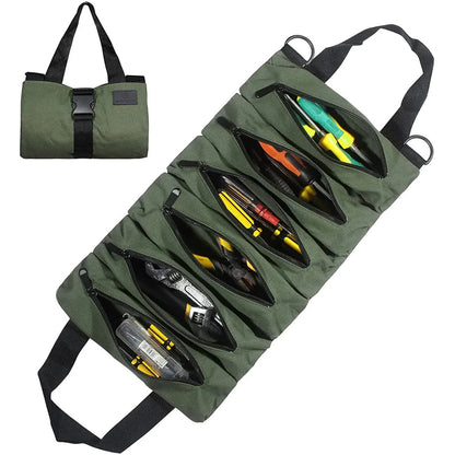 Green tool roll with multiple tool cases on a white background