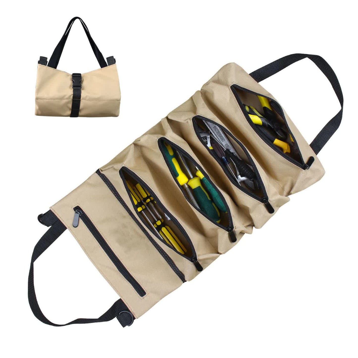 Beige tool roll with black straps and multiple compartments on a white background
