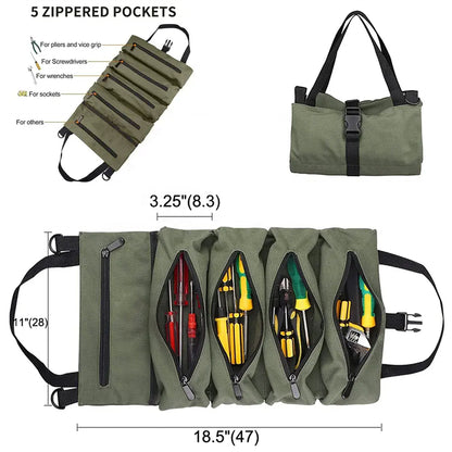 Green tool roll with zipped pockets, tools inside, and measurements on a white background