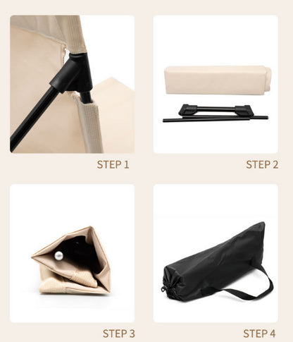 Step-by-step process of folding a umbrella with text labels on a beige background