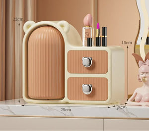 Brown Rotating Desktop Cosmetic Organizer – High-End Dustproof Wall-Mounted Storage Box with Drawer for Vanity, Makeup and Toiletries