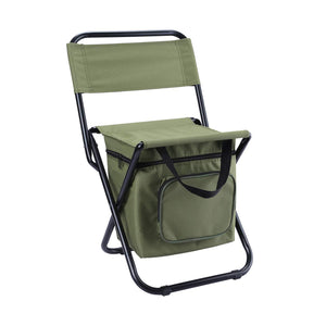 A green portable 3-in-1 folding camping chair with a storage bag and backrest, designed for outdoor activities like fishing and picnics.